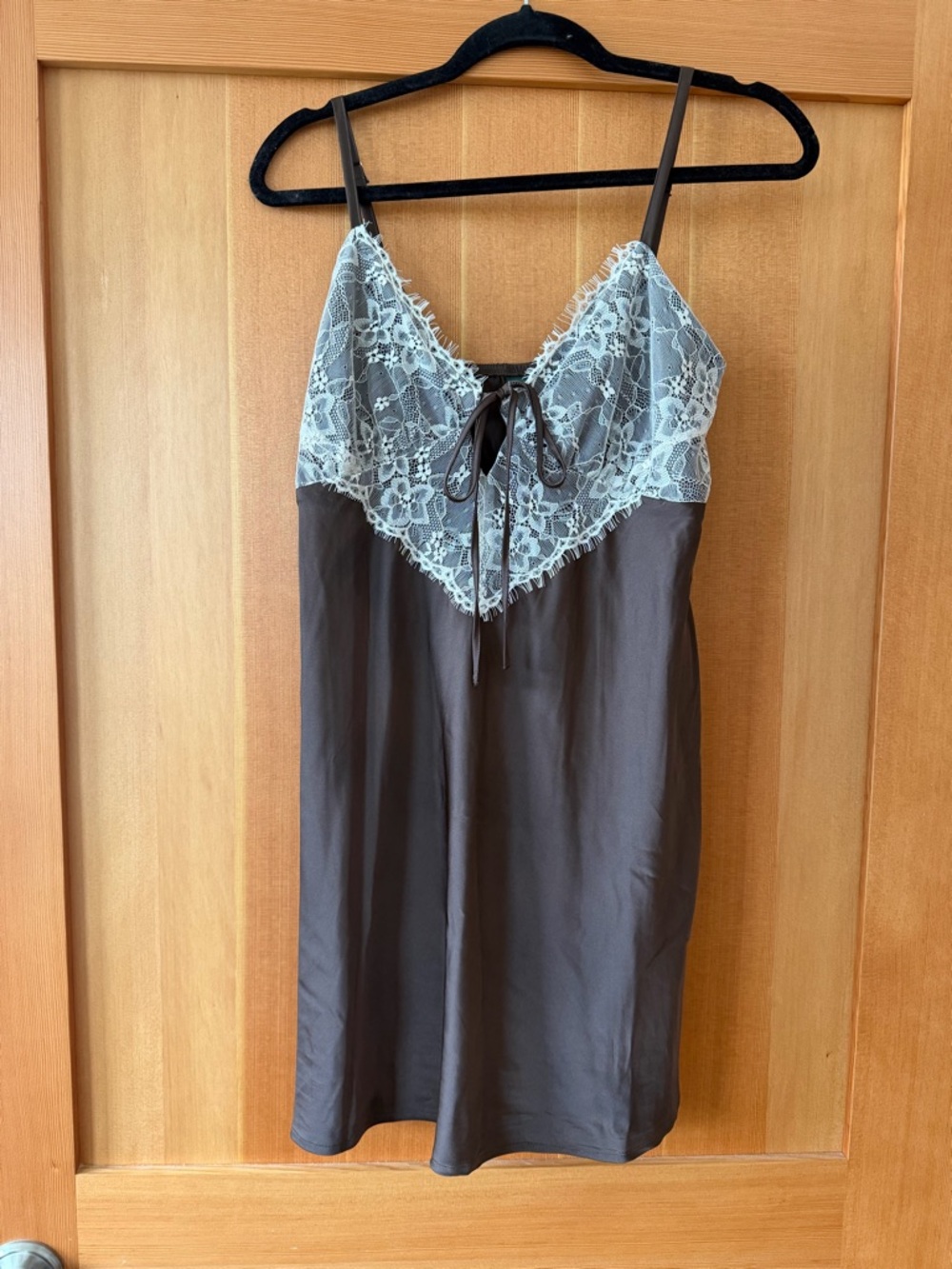 Wild Fable Brown Satin Mini Dress with White Lace Trim